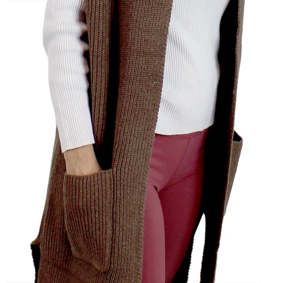 Knitted Long Vest w/Pocket Cardigan Sweater Coat - Picture 3 of 5